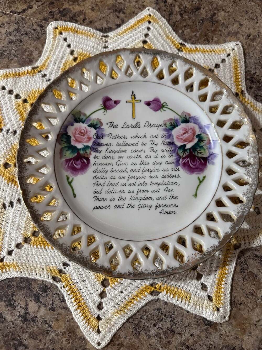 Norcrest The Lord's Prayer Collector Plate Reticulated Gold Trim Roses